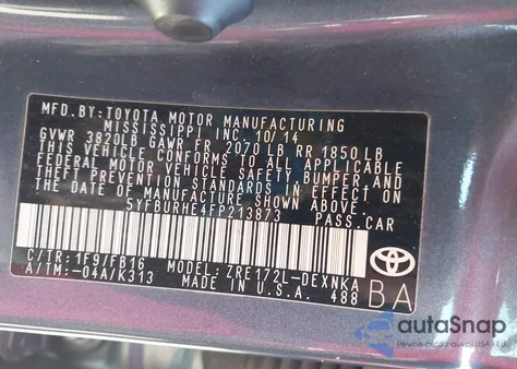 2015 Toyota Corolla Le/Le Plus/Le Premium из США, поврежденный, VIN 5YFBURHE4FP213873